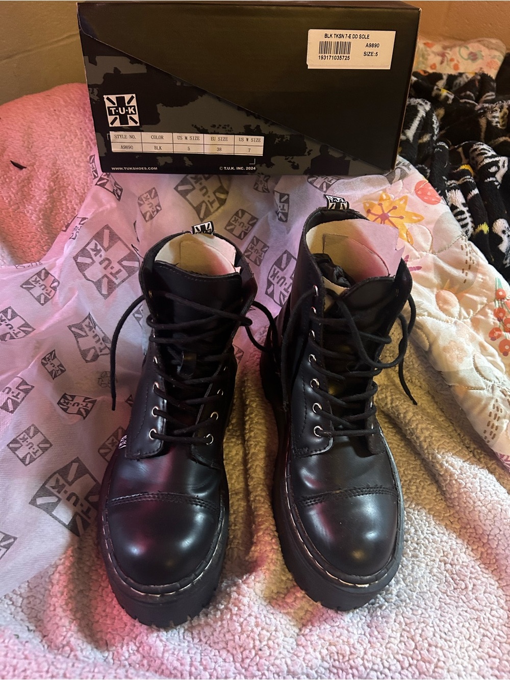 T.U.K Black Leather Lace-Up Combat Boots